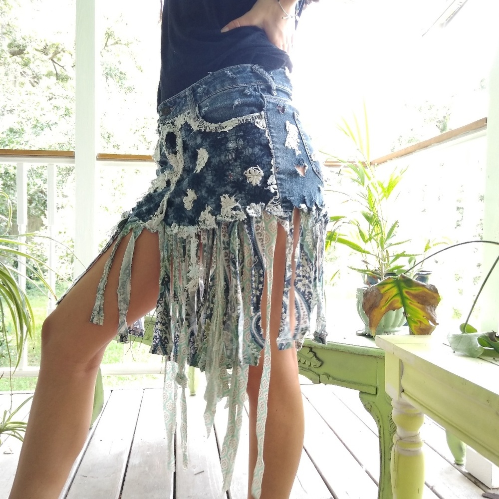 Deconstructed Denim Mini Skirt Boho Gypsy Fringe